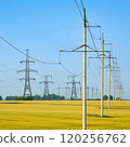 High-voltage power lines under blue sky in Ukraine 120256762