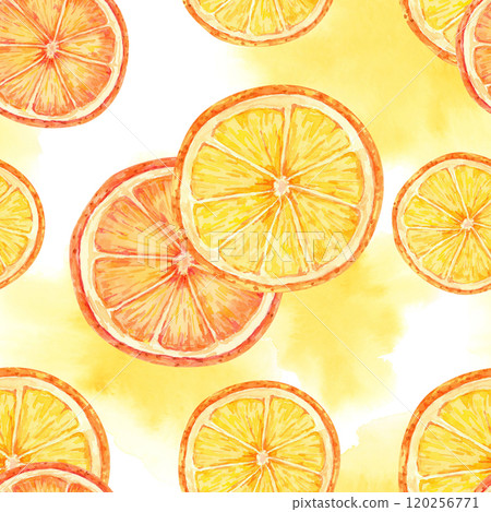 Orange slices in bright orange and yellow tones with watercolor stains. Citrus seamless pattern. This illustration is ideal for summer-themed textiles, custom kitchen decor, and fresh gift wrap 120256771