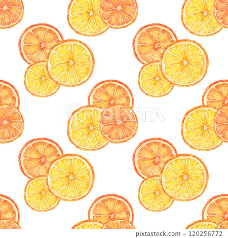 Orange slices with bright orange and yellow tones in a seamless watercolor pattern. Clipart Perfect for designing citrus-themed textiles, wrapping paper, and home decor for kitchens and dining spaces 120256772