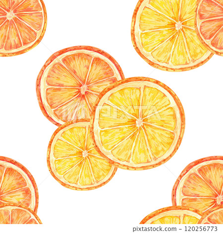 Orange slices with vibrant orange and yellow colors arranged in a seamless watercolor pattern. Ideal for food-themed textiles, gift wrap, home decor, and product packaging for citrus-inspired products Orange slices with vibrant orange and yellow colors arranged in a seamless watercolor pattern. Ideal for food-themed textiles, gift wrap, home decor, and product packaging for citrus-inspired products 120256773