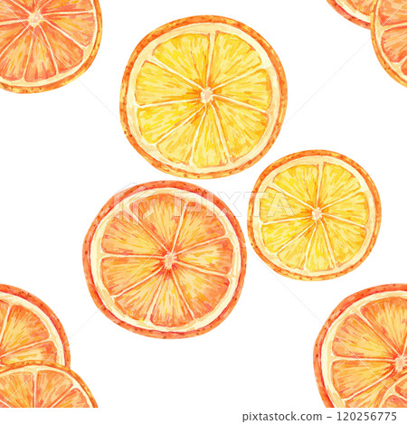 Orange slices in bright shades of orange and yellow form a seamless watercolor pattern. Citrus clipart for use in textiles, gift wrap, home decor, and product packaging with a citrus theme 120256775