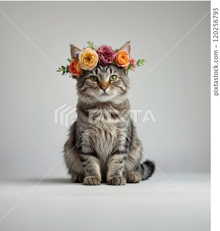 Tabby cat wearing a flower crown 120256795