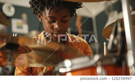 The boy is a beginner drummer. 120256997