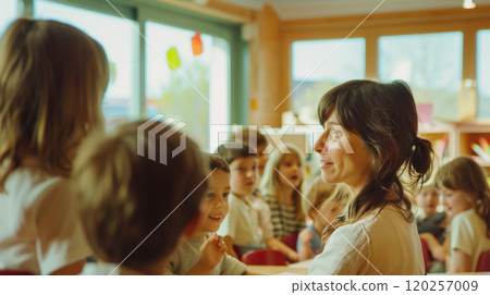 Primary school teacher with children. 120257009