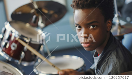 A teenage boy at a drum set. 120257017