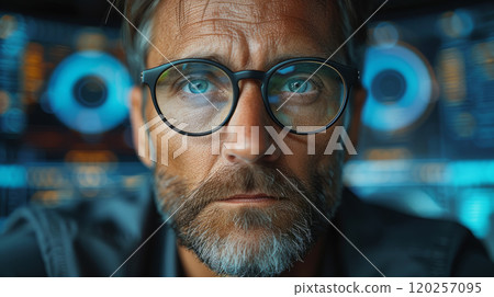 Close-up of a middle-aged man wearing stylish glasses. 120257095
