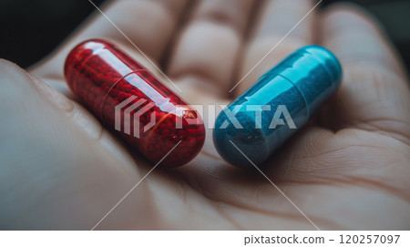 Close-up of two pills on the palm. 120257097