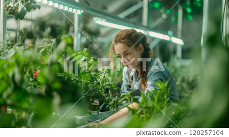 A woman employee of a greenhouse. 120257104