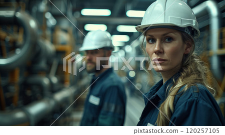A young woman in a protective hard hat at a factory. 120257105