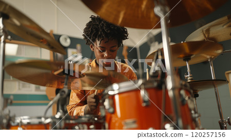 Drum lessons. Boy learning to play drums 120257156