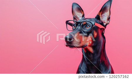 Smart Doberman in stylish glasses. Smart Doberman in stylish glasses. 120257162