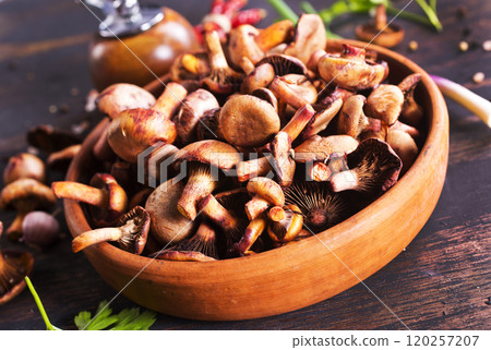 edible mushroom in bowl on a table 120257207