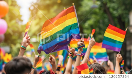 Crowd celebrating with rainbow flags at a public event 120257264