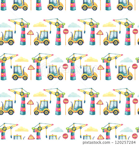 Colorful forklifts, traffic signs, and cranes with clouds. Seamless watercolor pattern. This clipart is perfect for creating childrens room decor, birthday party supplies, and baby blankets Colorful forklifts, traffic signs, and cranes with clouds. Seamless watercolor pattern. This clipart is perfect for creating childrens room decor, birthday party supplies, and baby blankets 120257284