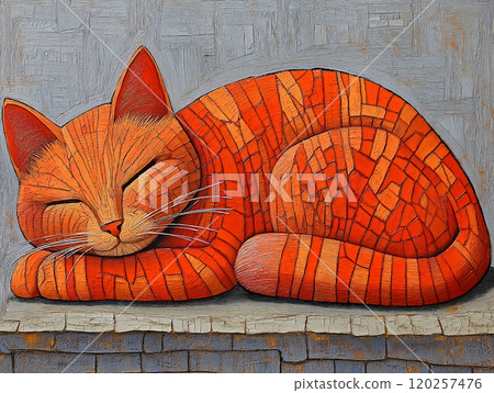 Stylized orange cat in a mosaic-like texture, resembling an abstract illustration 120257476