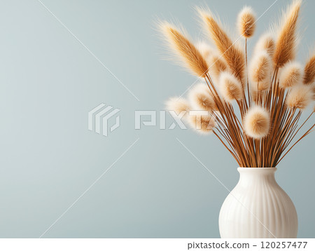 Minimalist dried floral arrangement with soft, fluffy textures in a simple white vase 120257477