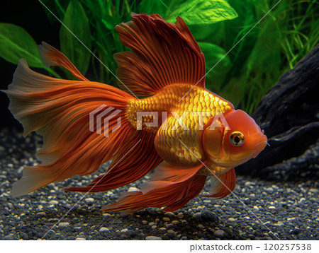 A single goldfish with long flowing fins gracefully swimming in an aquarium 120257538