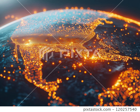 Abstract view of a digital globe with vibrant orange lights representing urban density 120257540