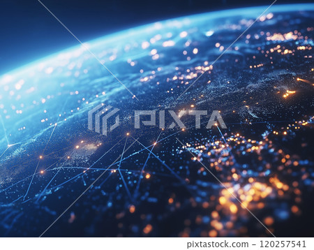 Stylized digital globe illuminated with glowing lines and dots 120257541