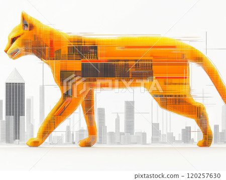 Surreal depiction of an orange cat integrated with geometric forms and textures 120257630