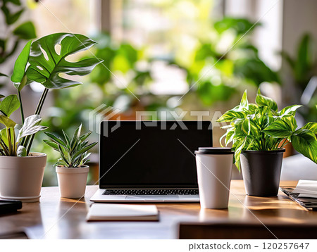 Modern workspace with a laptop surrounded by various indoor plants and a coffee cup Modern workspace with a laptop surrounded by various indoor plants and a coffee cup 120257647