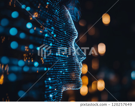 Digital human face profile composed of glowing blue particles and lines 120257649