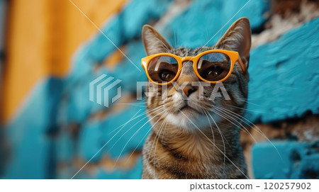 Beautiful grey tabby cat in yellow sunglasses agains bright blue wall background. studio shot. 120257902
