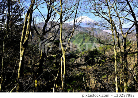 從道子地塊五佐山南麓的中野岳眺望富士山與石割山 120257982