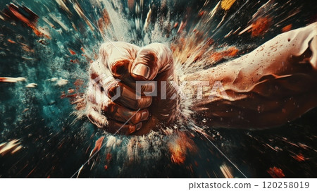 Fist crushing and exploding with colorful powder effect 120258019