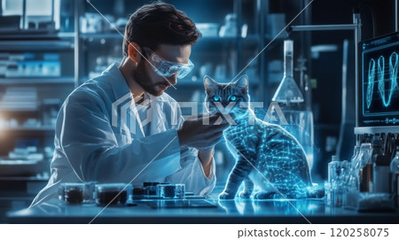 Veterinary examining hologram of cat in futuristic laboratory setting 120258075