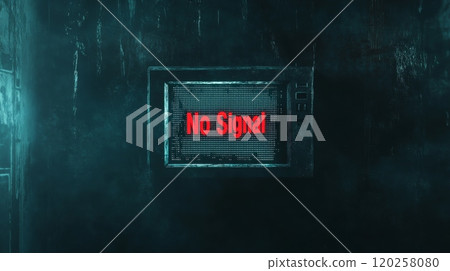 Old dusty television showing no signal message on dark background 120258080