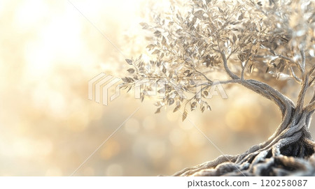 Silver tree growing in magical forest with golden sunlight 120258087