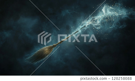 Magic broom leaving a trail of sparkling smoke in a dark, cloudy sky 120258088