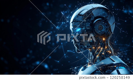 Artificial intelligence robot showing human-like face and circuit board pattern 120258149