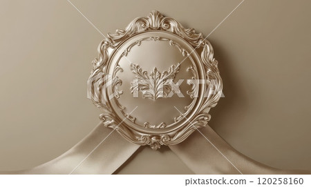 Golden baroque round ornament decorated with ribbons on beige background 120258160