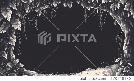 Hand-drawn frame of leaves and tree branches creating dark empty space 120258180