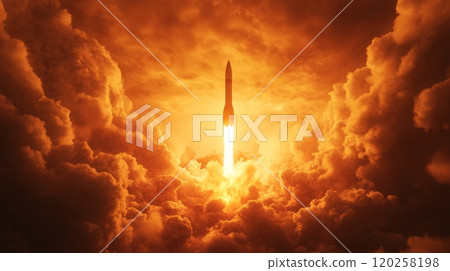 Rocket launching through orange clouds at sunset, space exploration and new possibilities 120258198