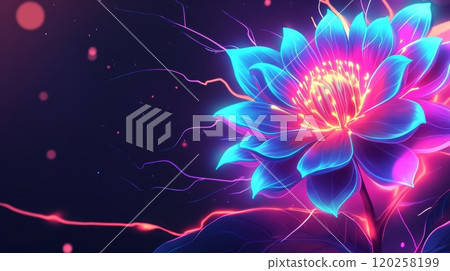 Glowing neon lotus flower blooming in the dark with electric energy 120258199