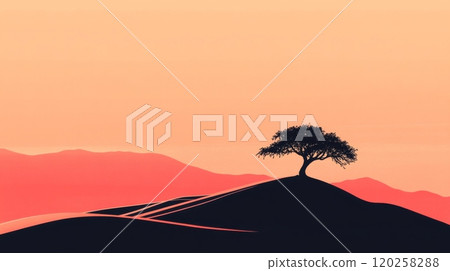 Lonely tree standing on a hill at sunset in a surreal landscape 120258288