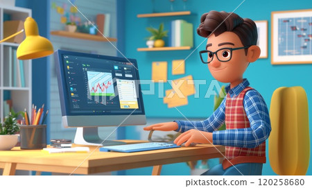 Salesperson Using CRM Software A vibrant, modern 3D cartoon illustration. 120258680