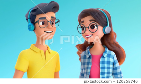 AI Real-Time Translation Earbuds A vibrant, modern 3D cartoon illustration. 120258746