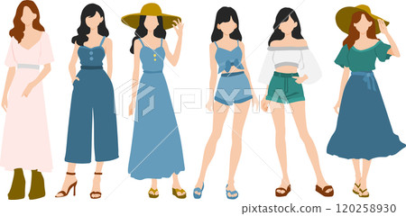 Illustration set of women wearing summer clothes Illustration set of women wearing summer clothes 120258930