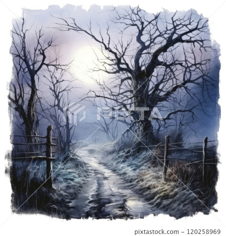 A Misty Path Through a Forest of Bare Trees 120258969