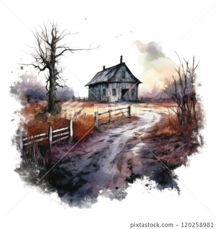 A Rustic Cabin Amidst a Desolate Landscape 120258981