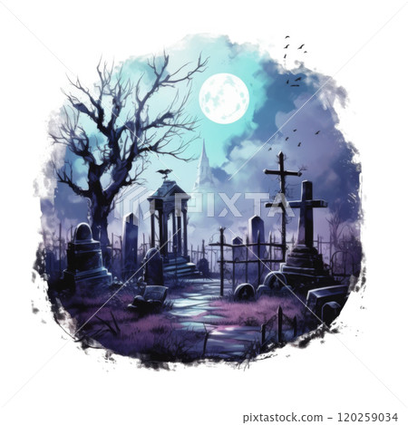 A Dark and Eerie Graveyard Under a Full Moon 120259034