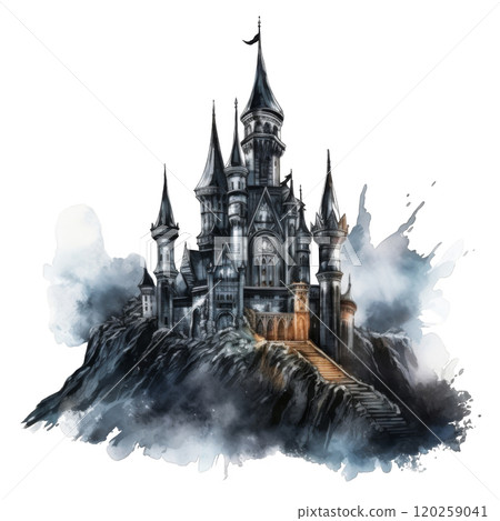 A Stone Castle Perched Upon a Misty Cliffside 120259041