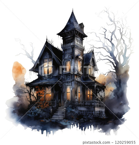 An Eerie Victorian House with Glowing Windows and Bare Branches 120259055