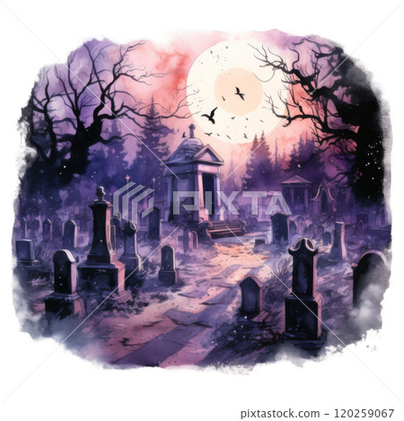 A Graveyard at Dusk with a Full Moon and Crows Flying Overhead 120259067