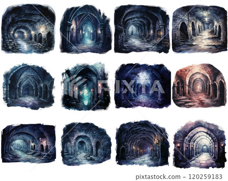 Twelve Watercolor Illustrations of Stone Tunnels and Vaults Twelve Watercolor Illustrations of Stone Tunnels and Vaults 120259183
