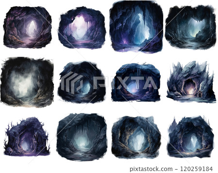 Twelve Illustrations of Cave Entrances with Various Details and Lighting 120259184
